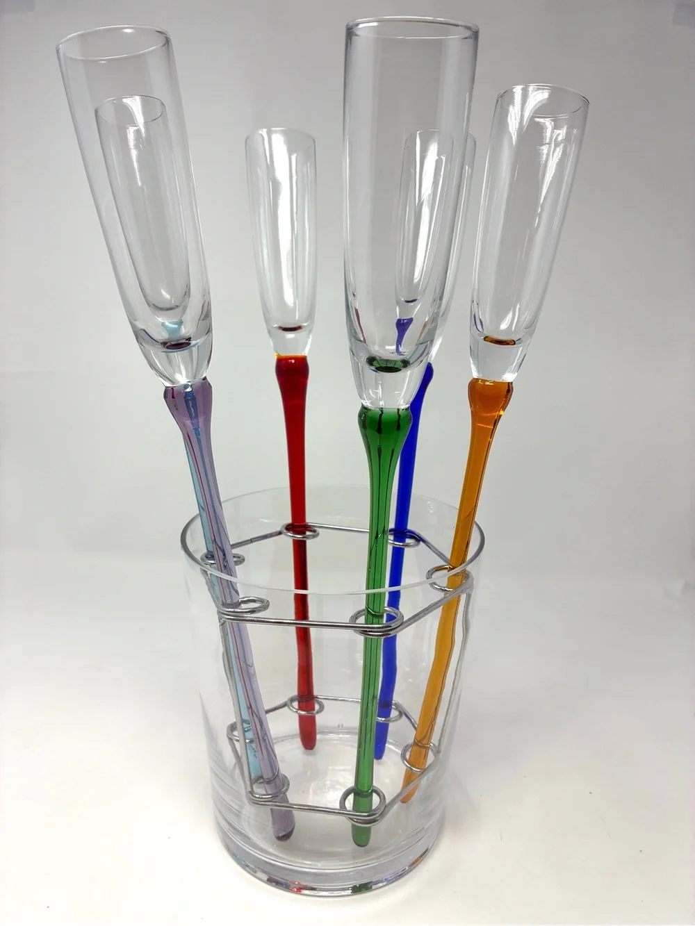 Vintage Lot of 6 Artland Hand Blown Champagne Flutes & Rack & Vase Ice Bucket